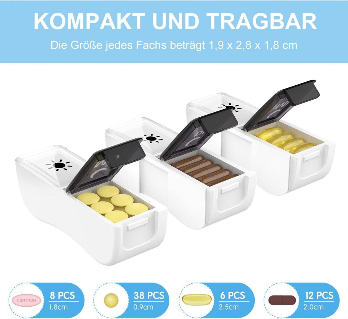 Tablettenbox 7 Tage 2 Fächer Abnehmbar BPA-frei Schwarz