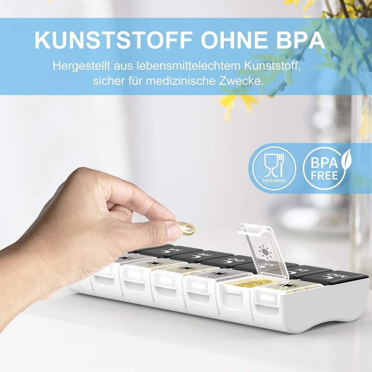 Tablettenbox 7 Tage BPA-frei Abnehmbar Große Etiketten Schwarz