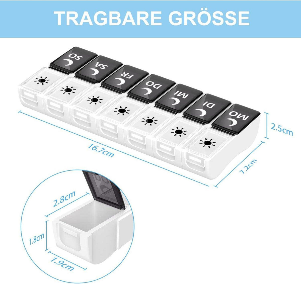 Tablettenbox 7 Tage 2 Fächer Pillendose Morgens Abends BPA Frei