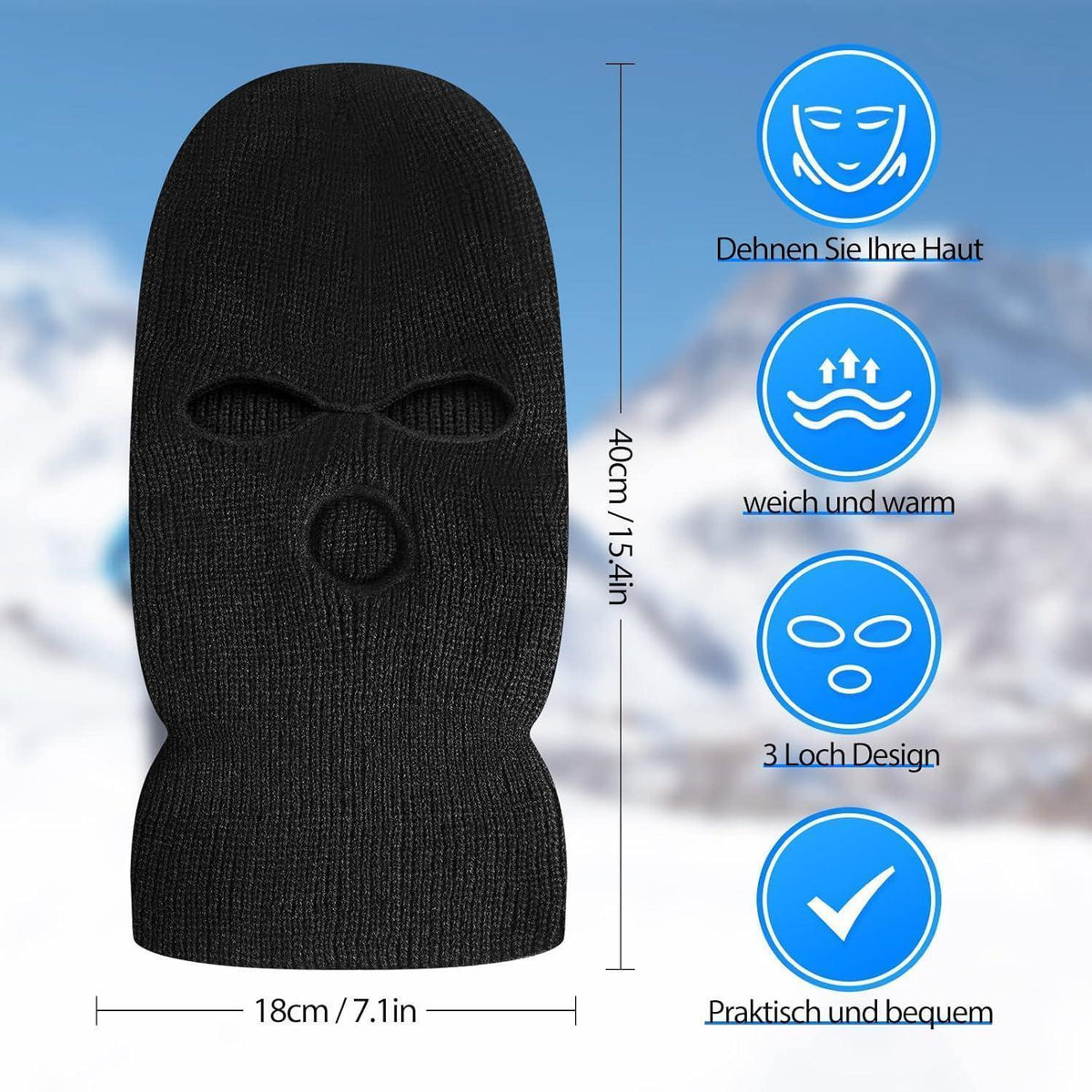 Gestrickte Sturmhaube mit 3 Löchern – Wintergesichtsmaske Schwarz