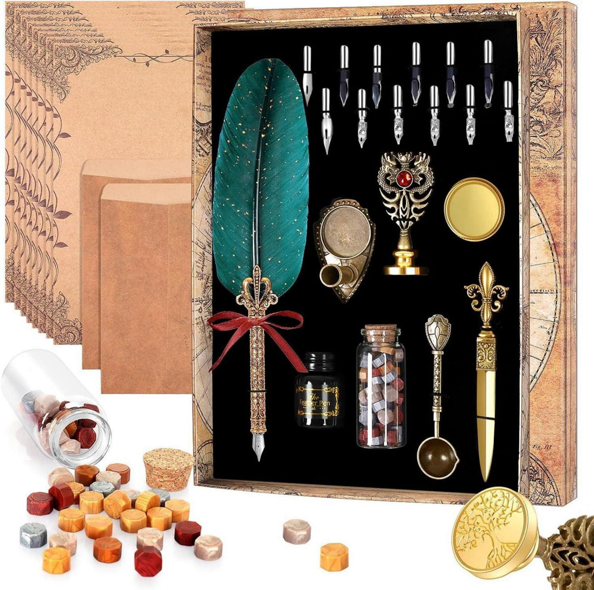 Vintage Schreibfeder Set mit Tinte und Wachssiegel