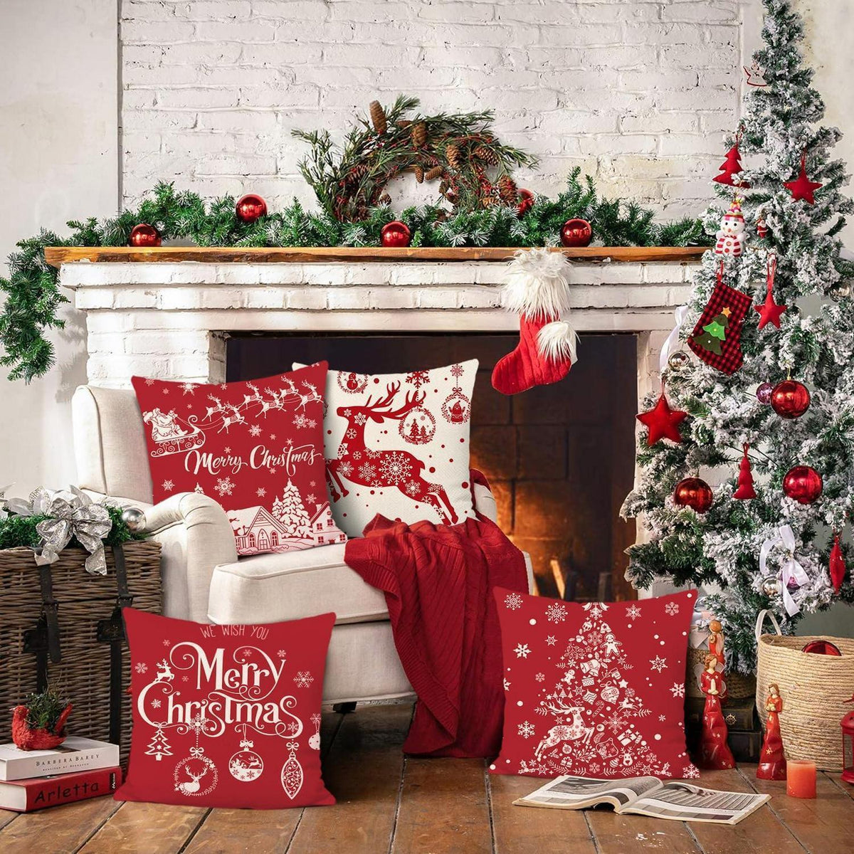 Weihnachtskissenbezüge 45x45 cm, 4er-Set Rentier Rot