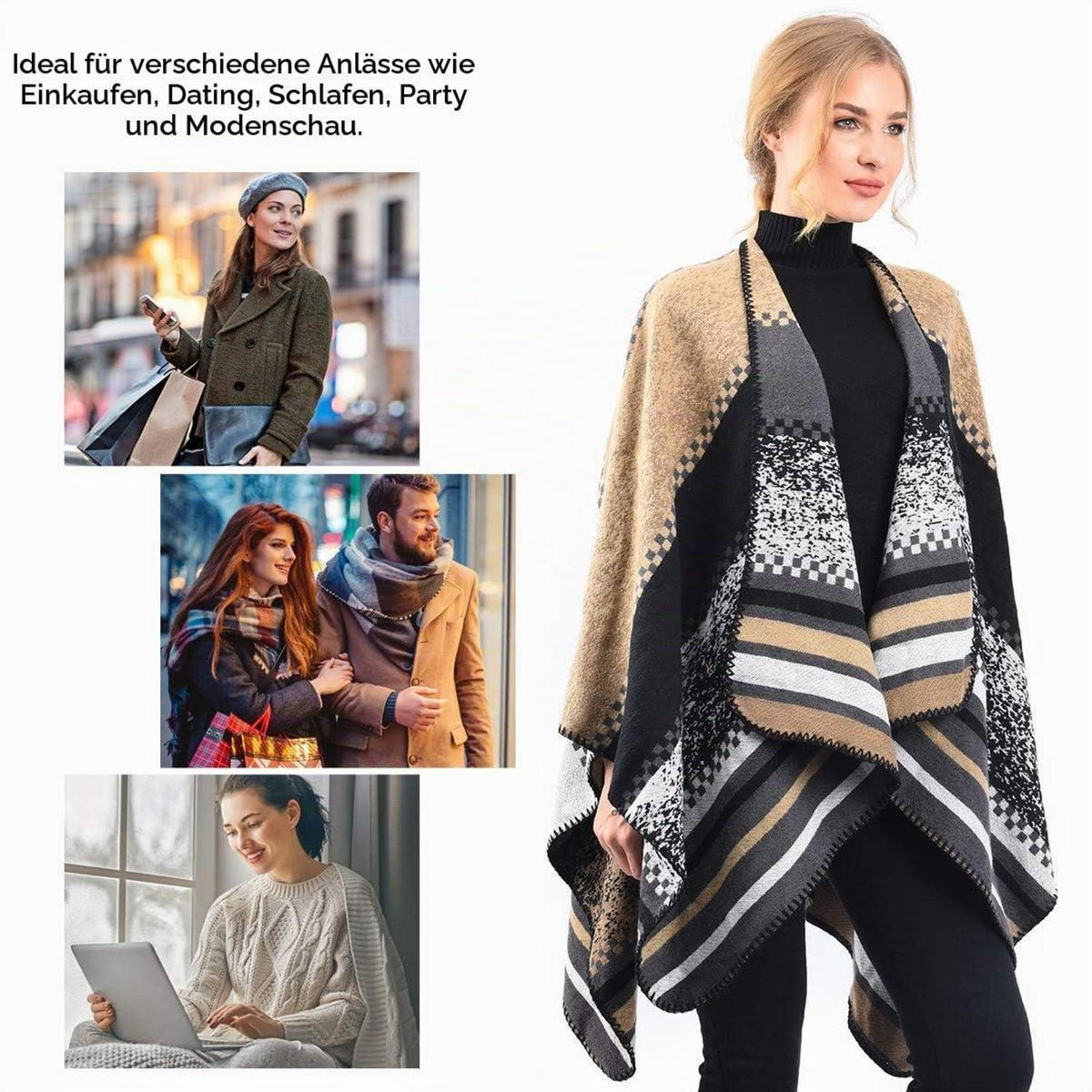 Warmer Strickponcho mit offenem Kragen für Damen