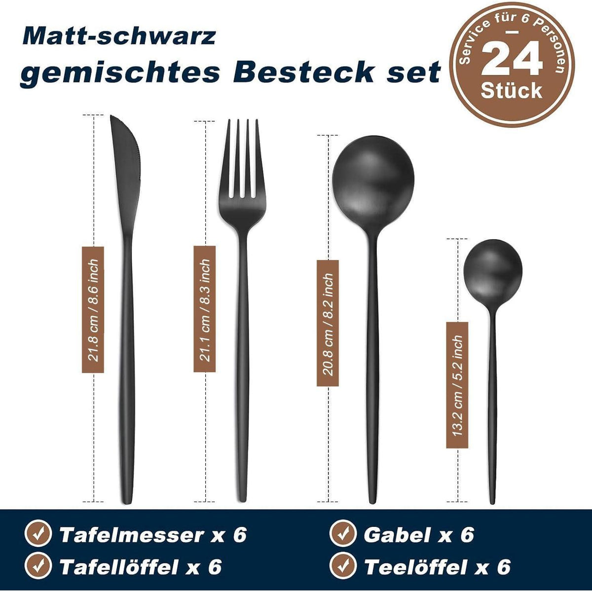 Besteckset Edelstahl 24 Teile für 6 Personen Matt Schwarz