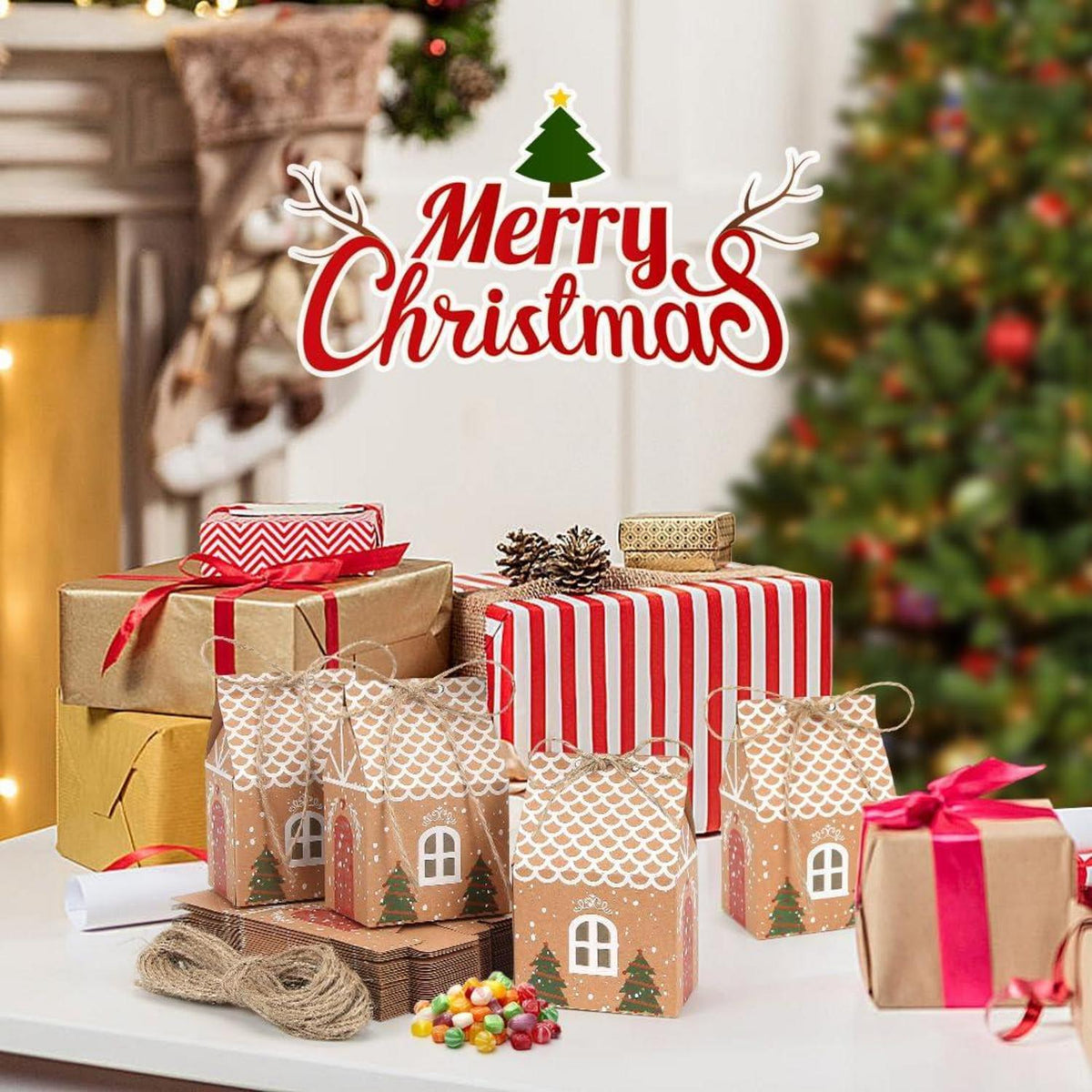 Sprinlot Geschenkbox Weihnachten Kraftpapier Süßigkeitenbox Hanfseil