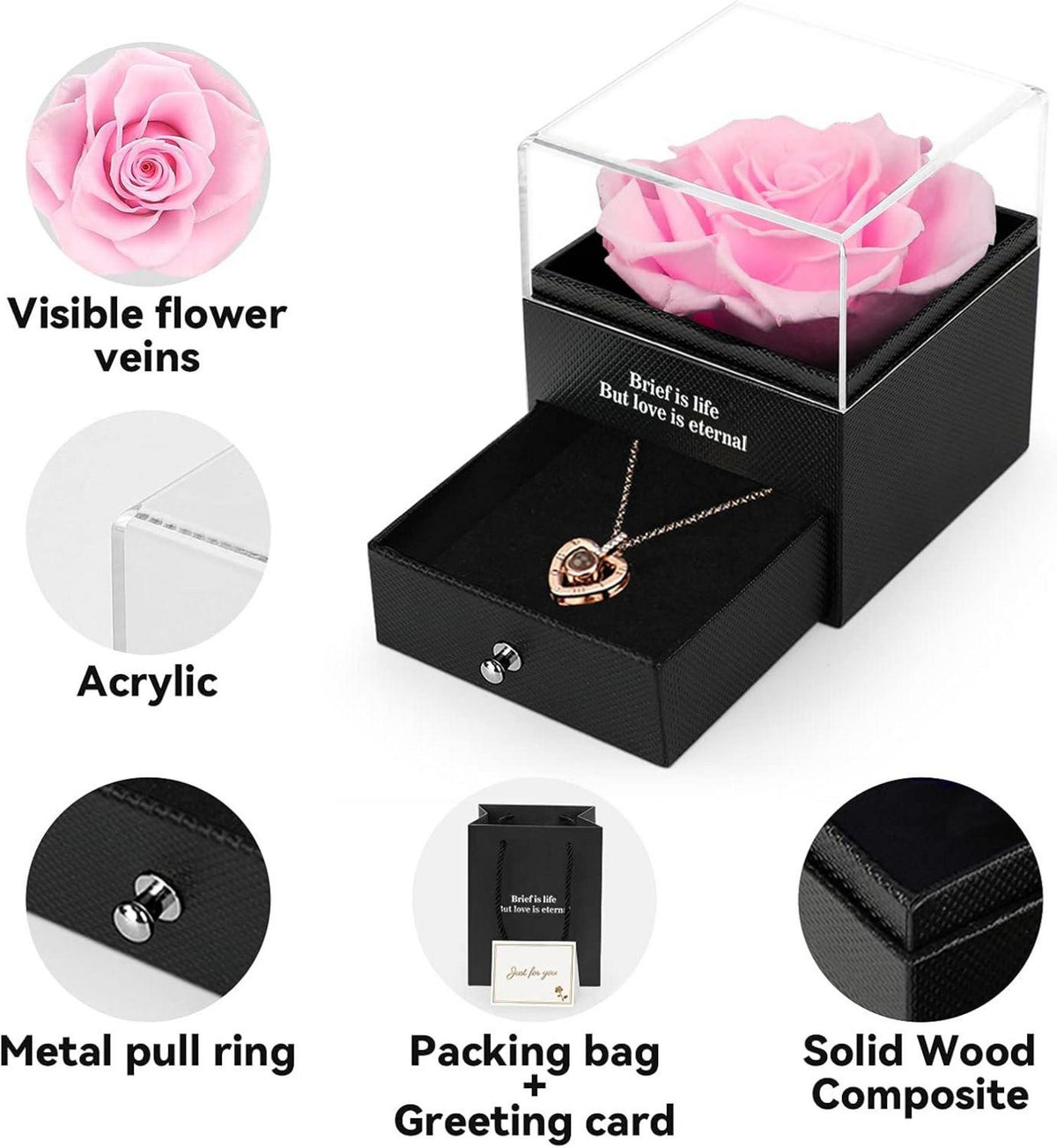 ADAZ Ewige echte Rose mit I Love You Halskette und Geschenkbox