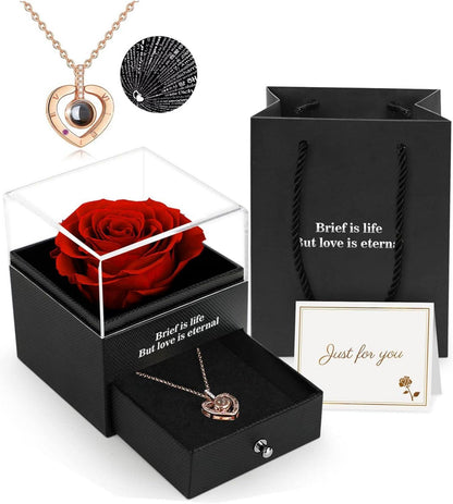 Ewige echte Rose mit I Love You Halskette und GeschenkboxRot