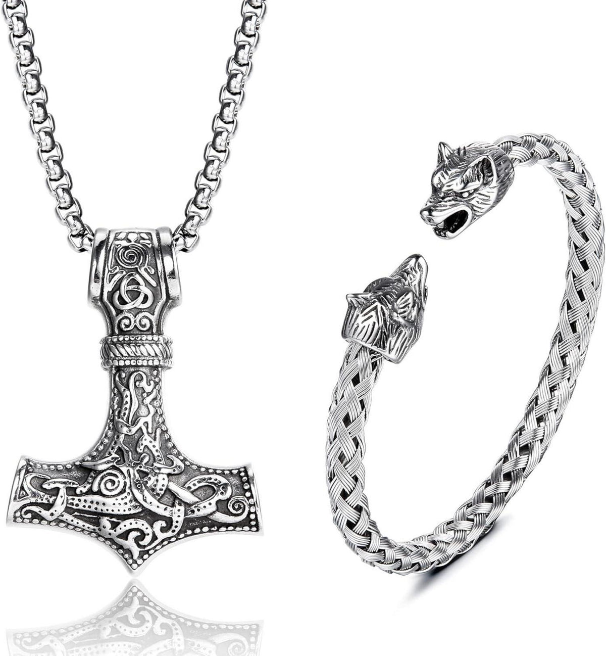 Wikinger Thors Hammer Halskette Wolfskopf Armband Set Edelstahl Herren