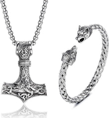 Wikinger Thors Hammer Halskette Wolfskopf Armband Set Edelstahl Herren