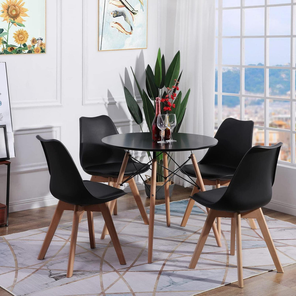 Rundes Esszimmer-Set Schwarz mit 4 skandinavischen Stühlen