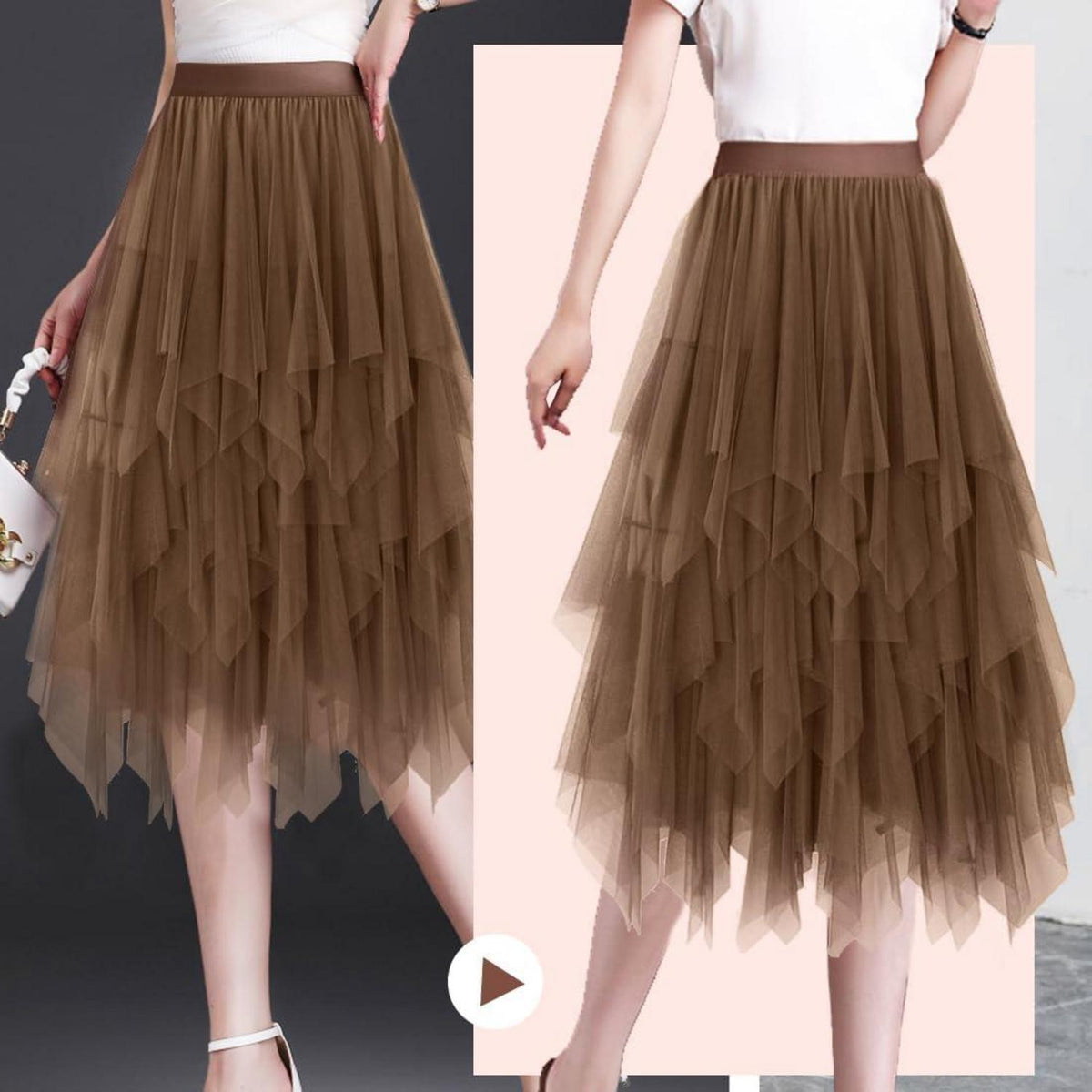 Tüllrock Damen Knielang Karneval Vintage Retro Braun