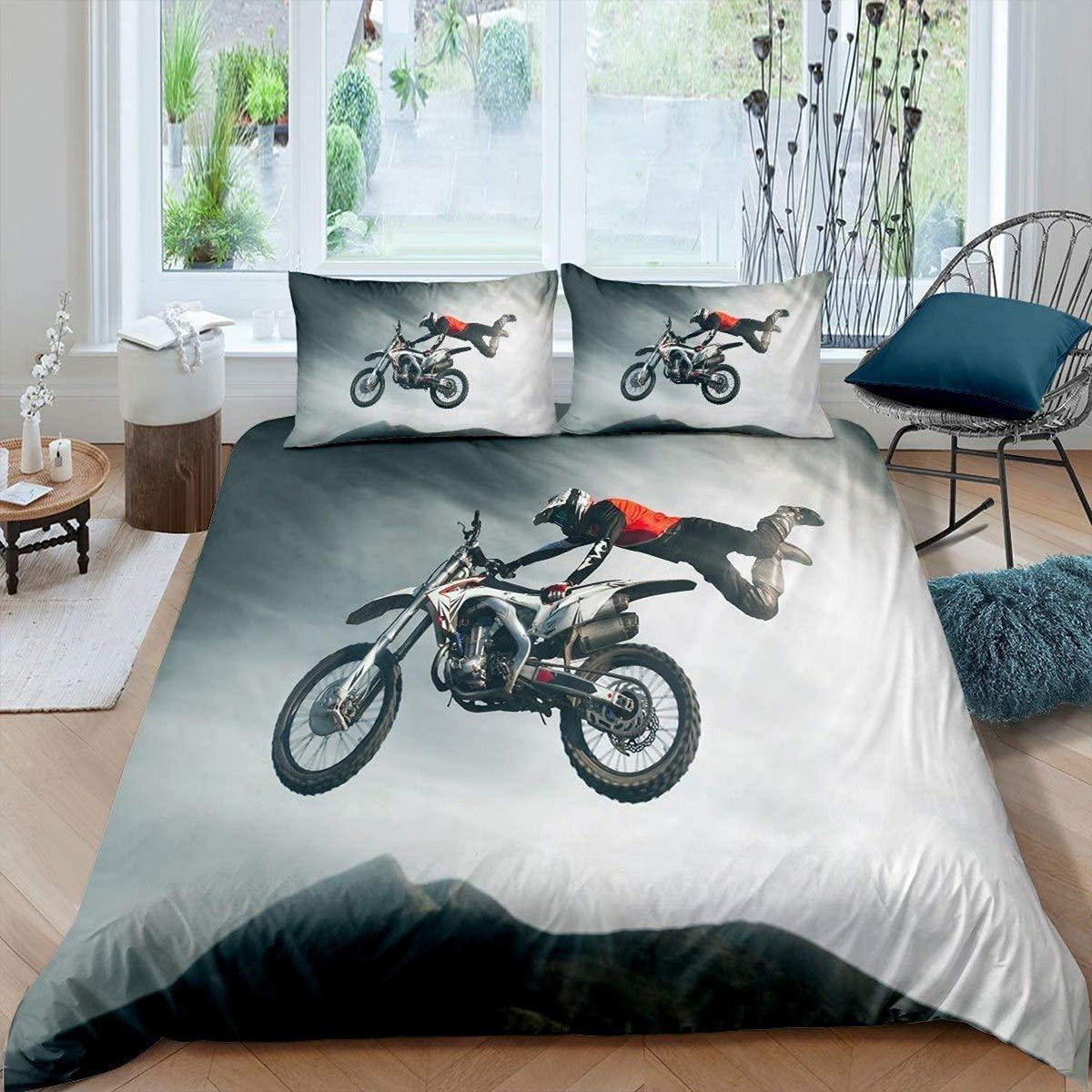 Motocross Bettwäsche Set 135x200cm – Kinderzimmer Motorrad Design