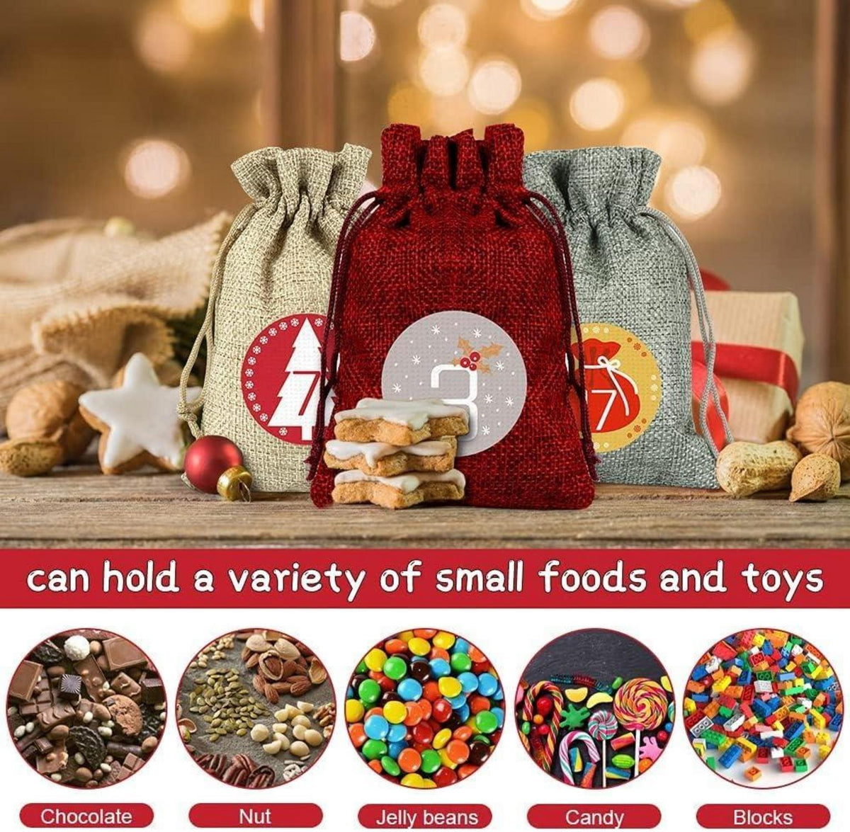 24 Weihnachtskalender Stoffbeutel Säckchen Set 14x10 cm, Adventskalender