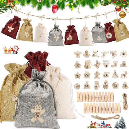 Adventskalender zum Befüllen mit 24 Stoffbeuteln und Zahlenanhängern