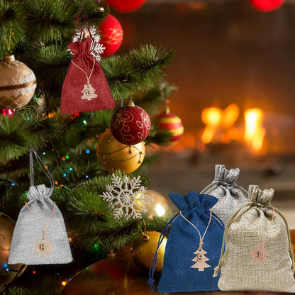 Adventskalender Säckchen Holzanhänger Clips Stoffbeutel Weihnachten