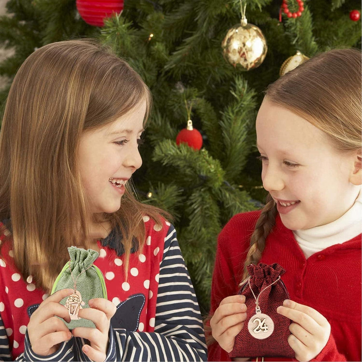 Adventskalender Säckchen Holzanhänger Clips Stoffbeutel Weihnachten