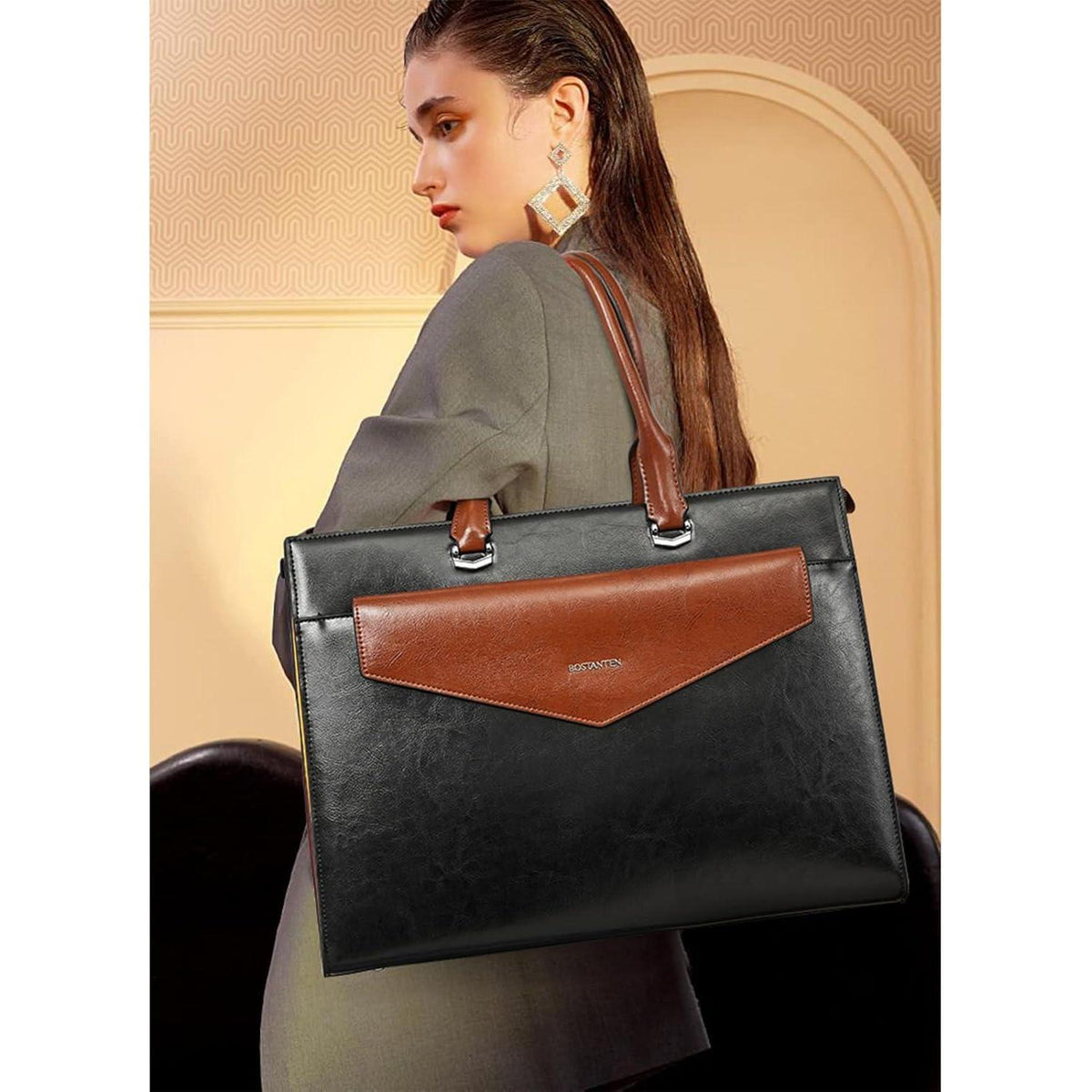 Damen Leder Aktentasche für 15.6 Zoll Laptop, Schwarz+Braun
