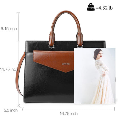 Damen Leder Aktentasche für 15.6 Zoll Laptop, Schwarz+Braun
