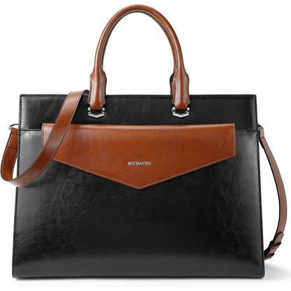 Damen Leder Aktentasche für 15.6 Zoll Laptop, Schwarz+Braun