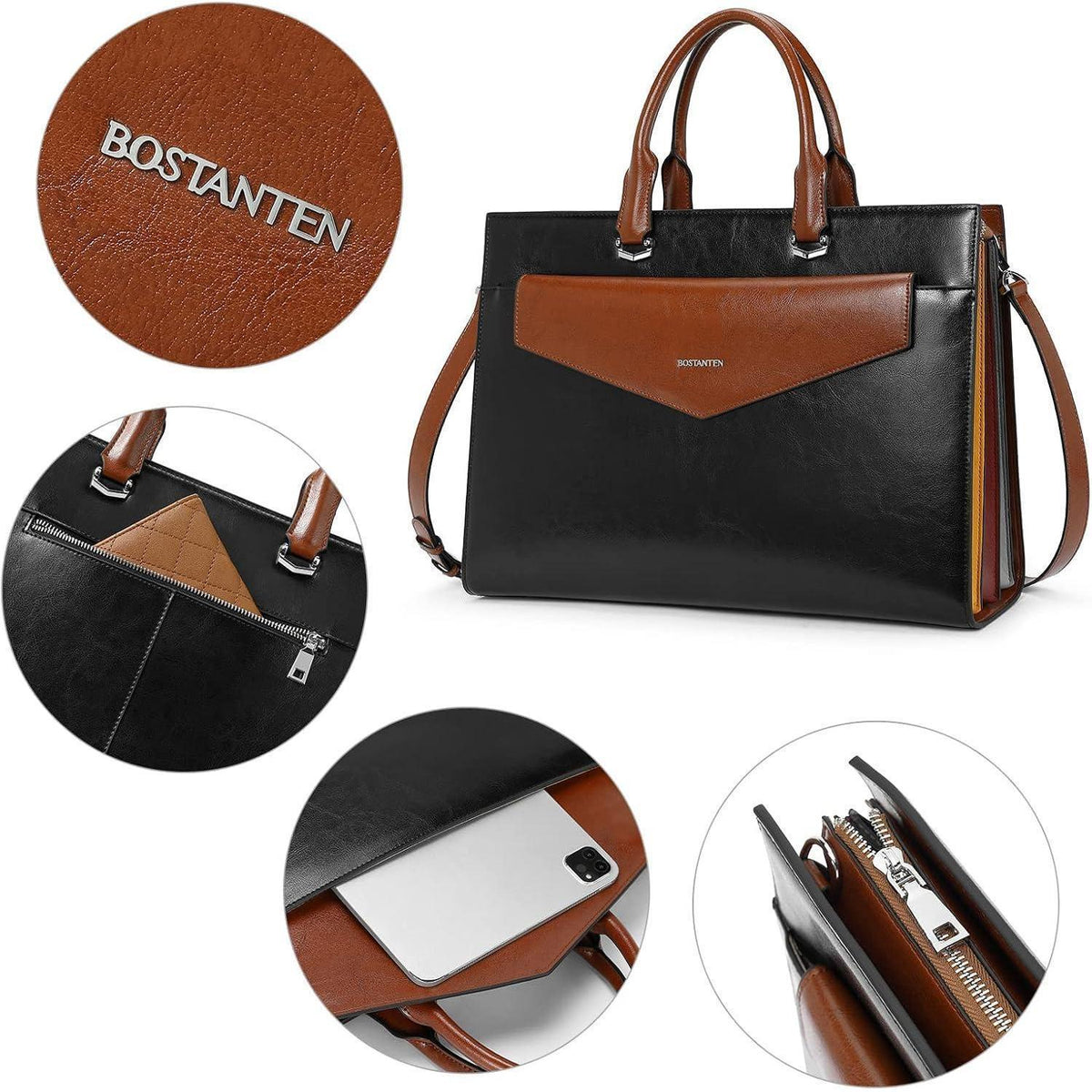 Damen Leder Aktentasche für 15.6 Zoll Laptop, Schwarz+Braun