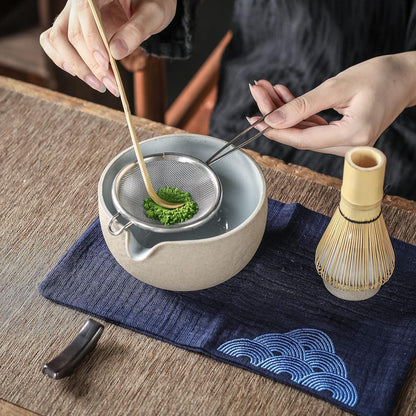 Matcha-Tee-Set, Japanisches Tee-Zubereitungsset, 7-teilig, Bambus-Schneebesen, Keramik-Schale, Ausgießer, Schaufel, dunkelgrau