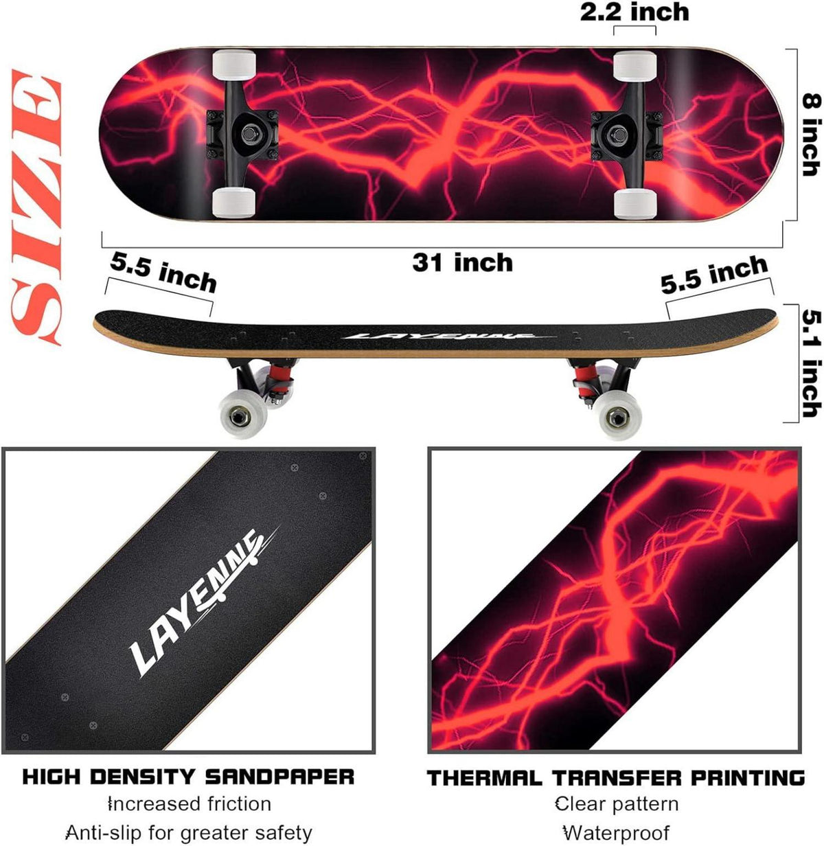 LAYENNE Skateboard 31 Zoll Komplettes Ahorn Deck ABEC-11