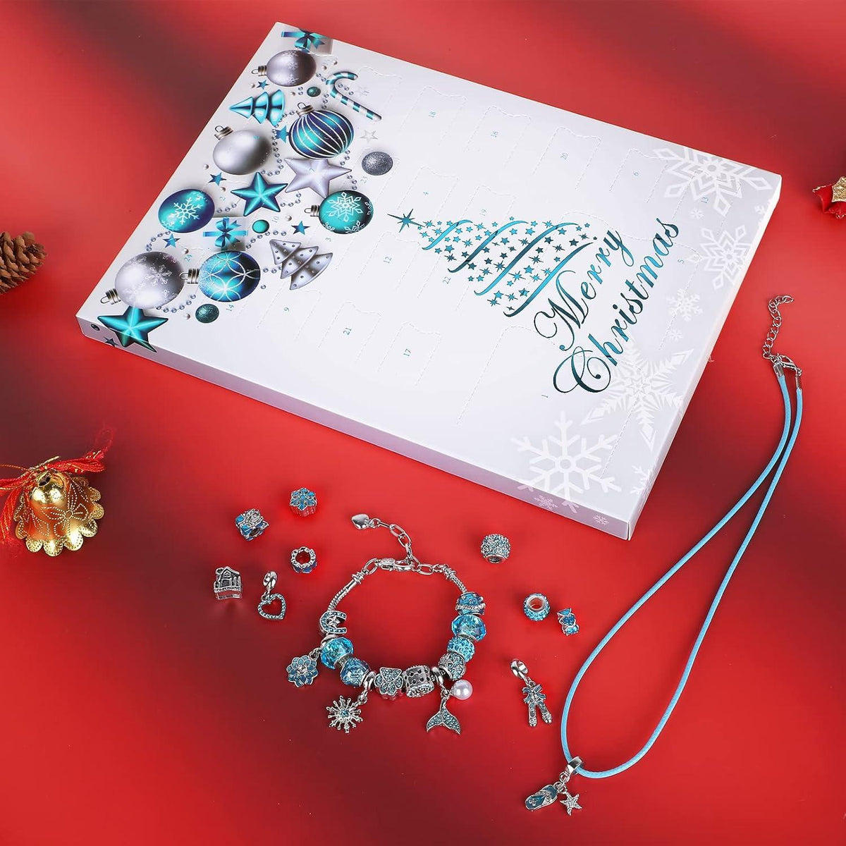 MJARTORIA Schmuck Adventskalender 2024 DIY Set Mädchen Himmelblau Perlen Weihnachts-Countdown