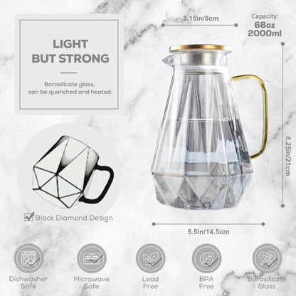 DUJUST Schwarze Glaskaraffe 2L Moderne Diamant Design Eco-Borosilikat