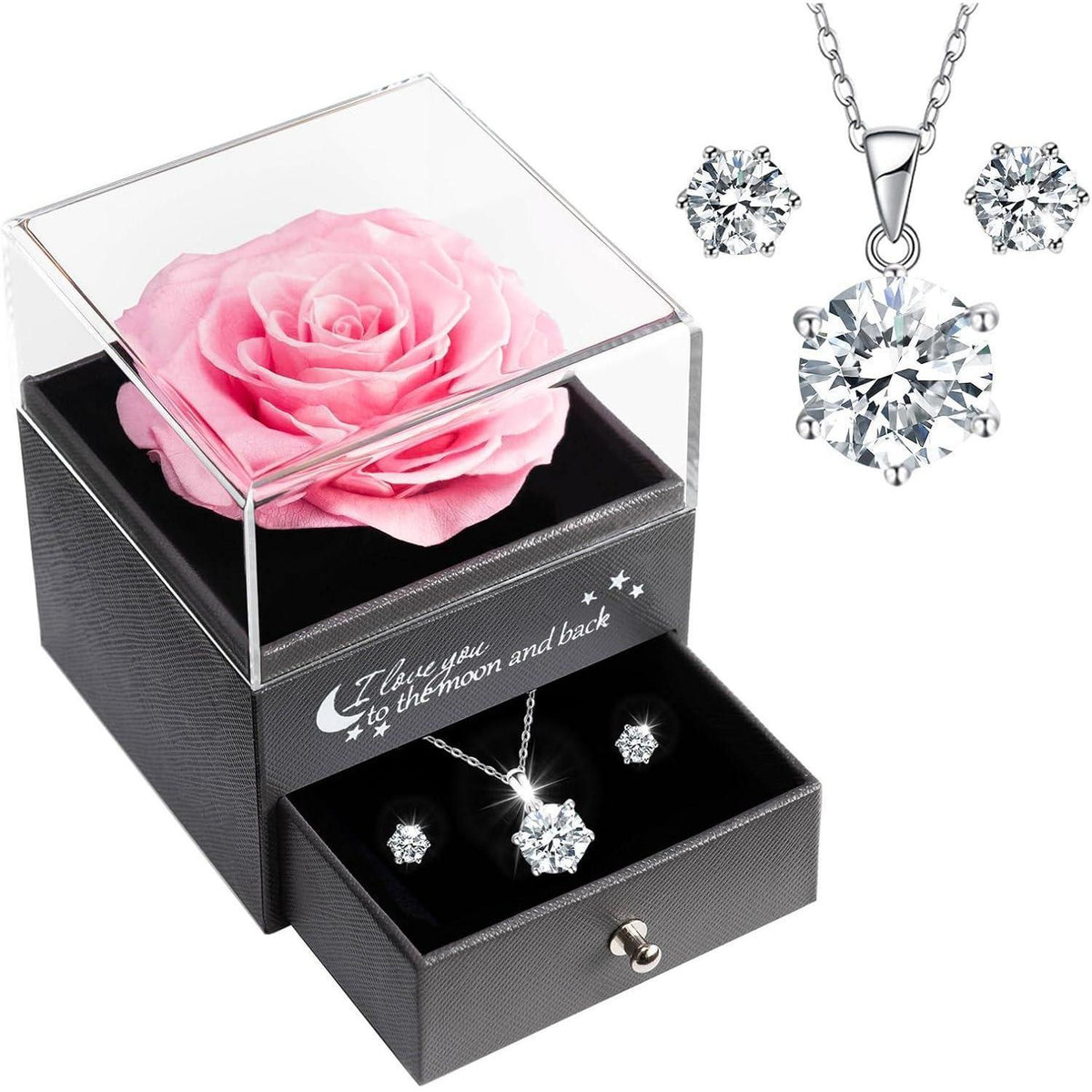 Ewige Rose mit Kette & Ohrringen aus 925 Silber, Geschenk für Frauen