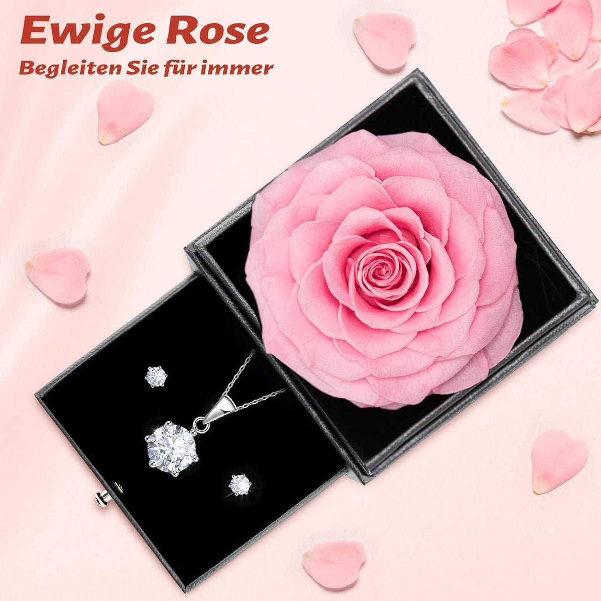 Ewige Rose mit Kette & Ohrringen aus 925 Silber, Geschenk für Frauen