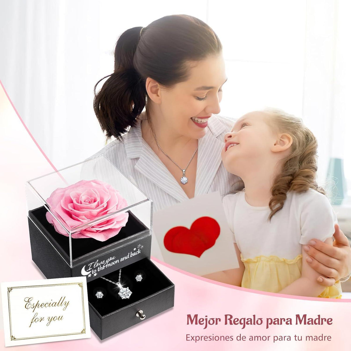Ewige Rose mit Kette & Ohrringen aus 925 Silber, Geschenk für Frauen
