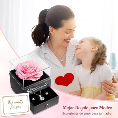 Ewige Rose mit Kette & Ohrringen aus 925 Silber, Geschenk für Frauen