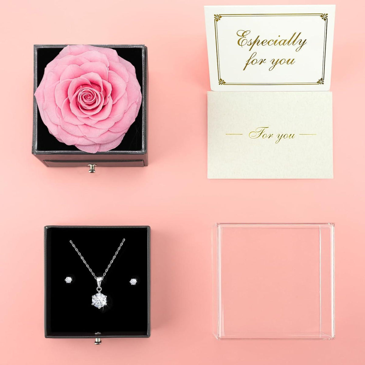 Ewige Rose mit Kette & Ohrringen aus 925 Silber, Geschenk für Frauen