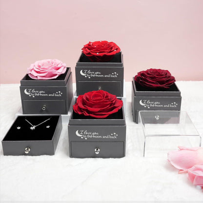 Ewige Rose mit Kette & Ohrringen aus 925 Silber, Geschenk für Frauen