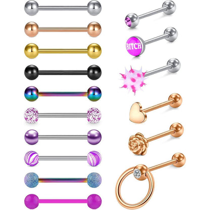 Zungenpiercing Set 16 Stück Chirurgenstahl 14G 16mm Rosegold Herz Blume