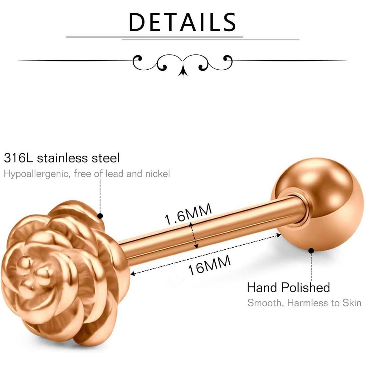 Zungenpiercing Set 16 Stück Chirurgenstahl 14G 16mm Rosegold Herz Blume