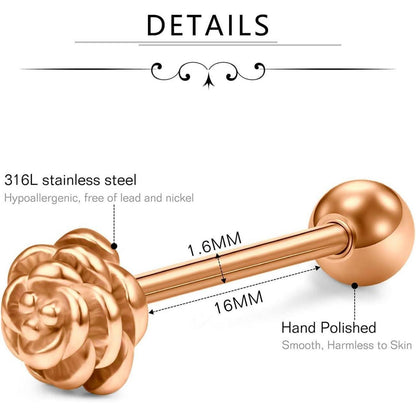 Zungenpiercing Set 16 Stück Chirurgenstahl 14G 16mm Rosegold Herz Blume