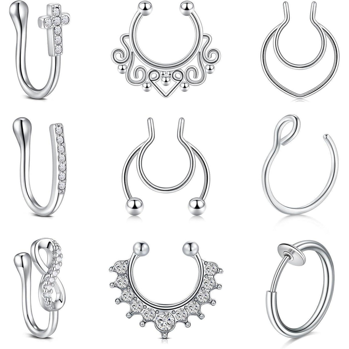 Fake Nasenpiercing Set 9 Stück Silber Chirurgenstahl Hoop