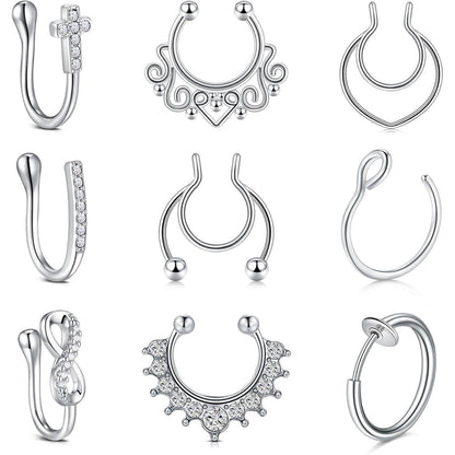Fake Nasenpiercing Set 9 Stück Silber Chirurgenstahl Hoop