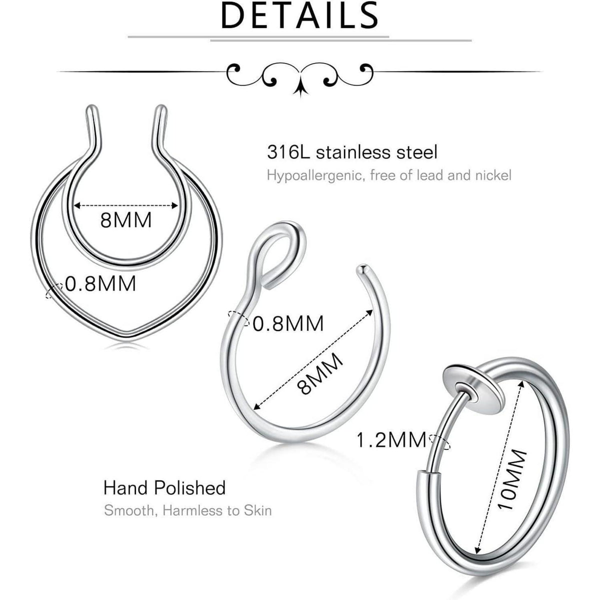 Fake Nasenpiercing Set 9 Stück Silber Chirurgenstahl Hoop
