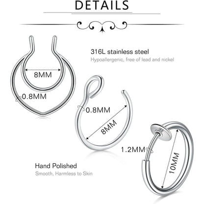 Fake Nasenpiercing Set 9 Stück Silber Chirurgenstahl Hoop