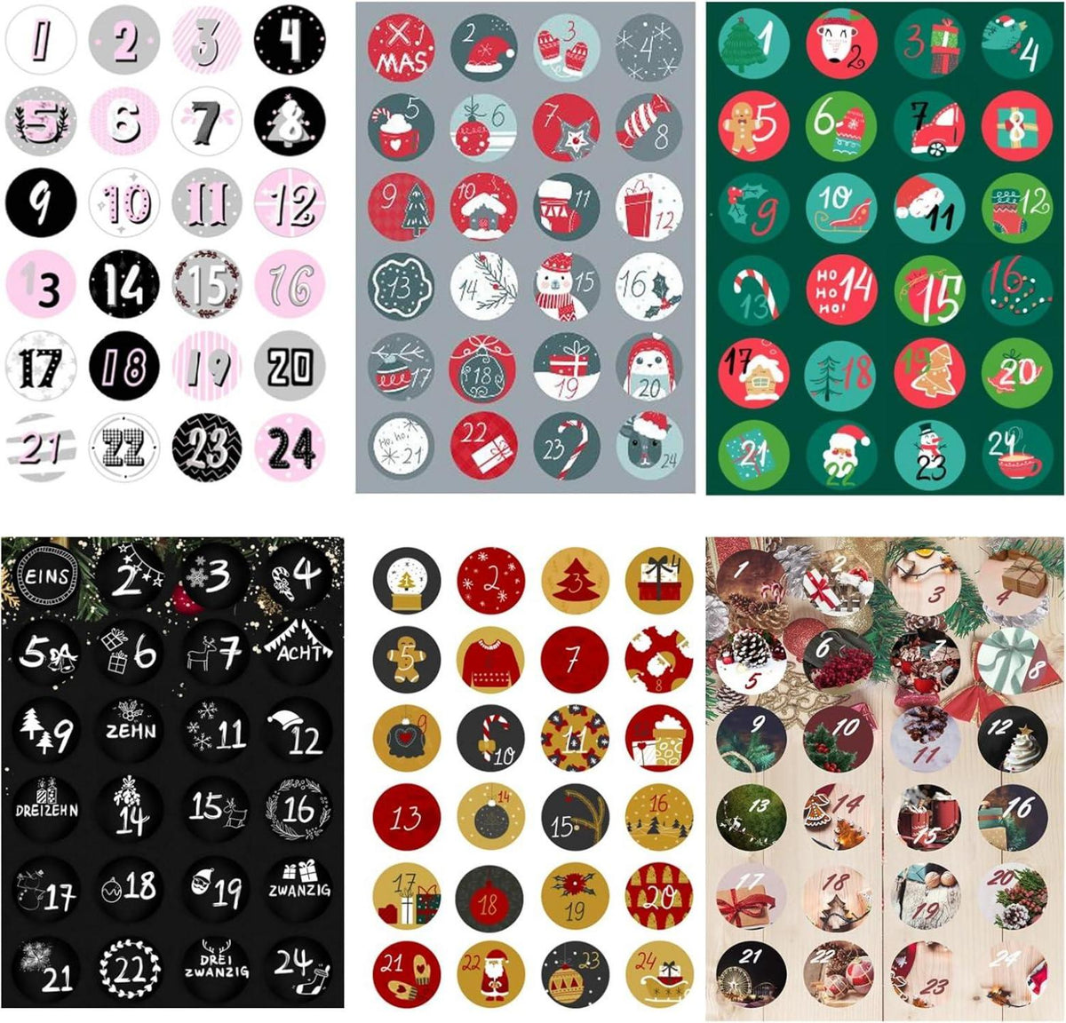 Adventskalender Zahlen Aufkleber Weihnachten Bastelset 6x24 Sticker