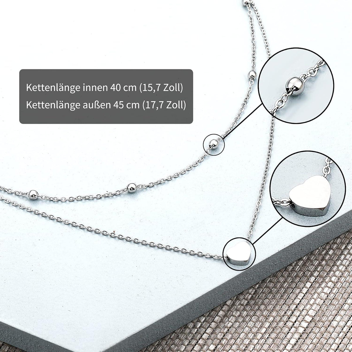 AFSTALR Damen Silber Multilayer Doppel-Halskette mit Herzanhänger