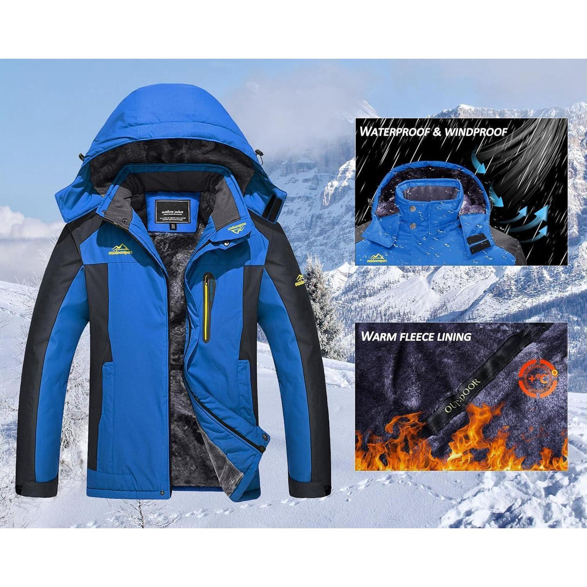 Herren Winterjacke Wasserdicht Warm Gefüttert Skijacke Königsblau