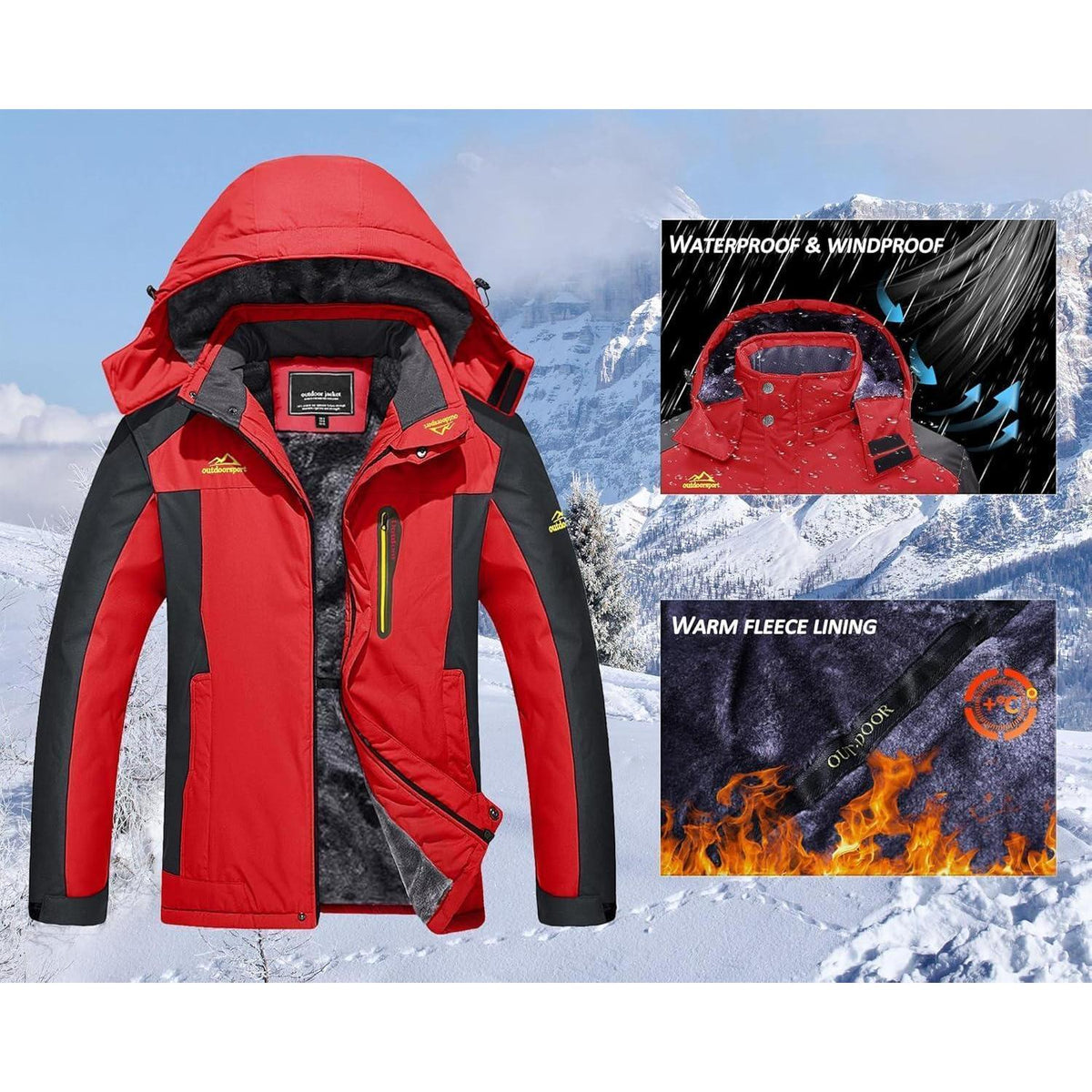 Herren Winterjacke Wasserdicht Warm Gefüttert Skijacke Rot