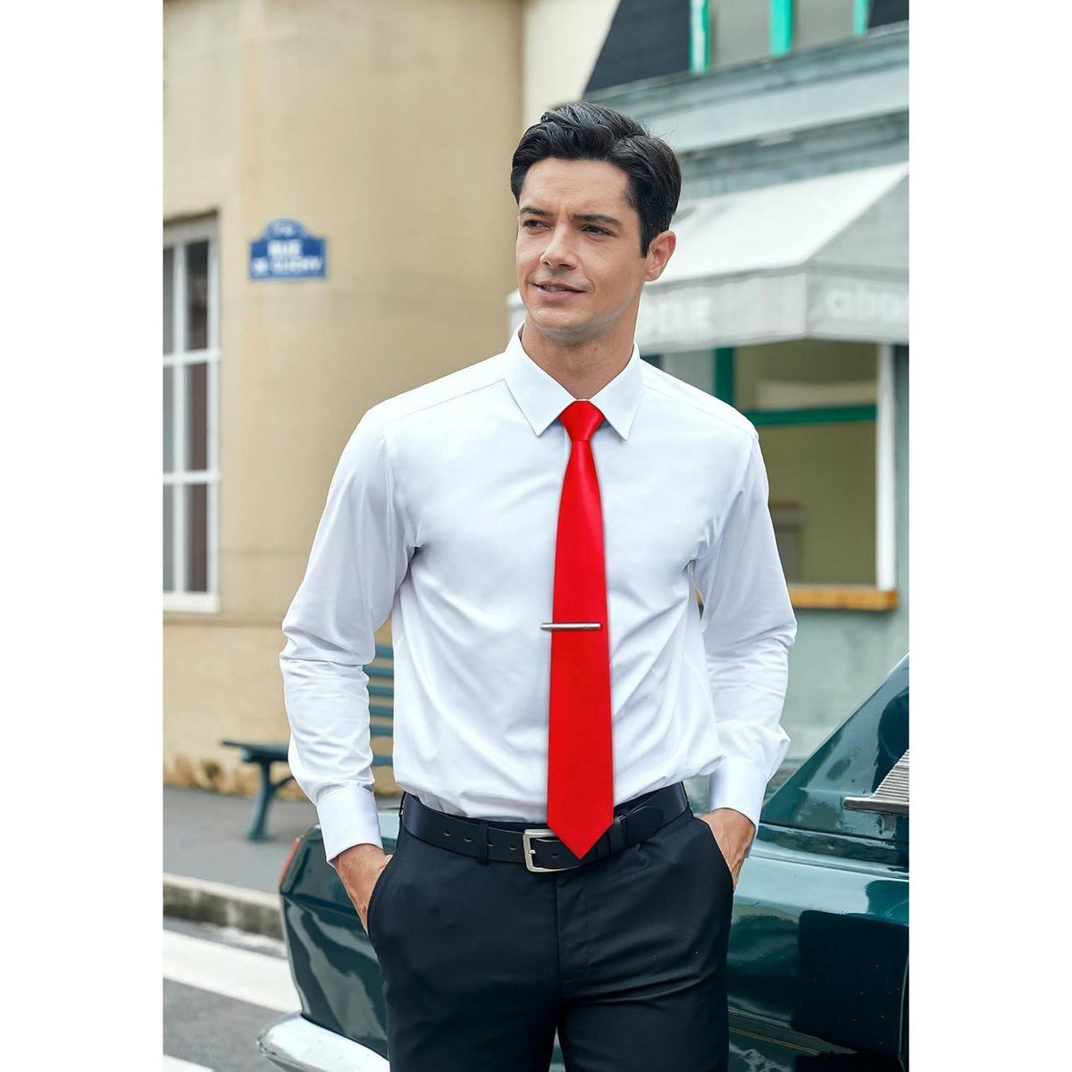 Herren Krawatten-Set mit Einstecktuch und Krawattenklammer Rot