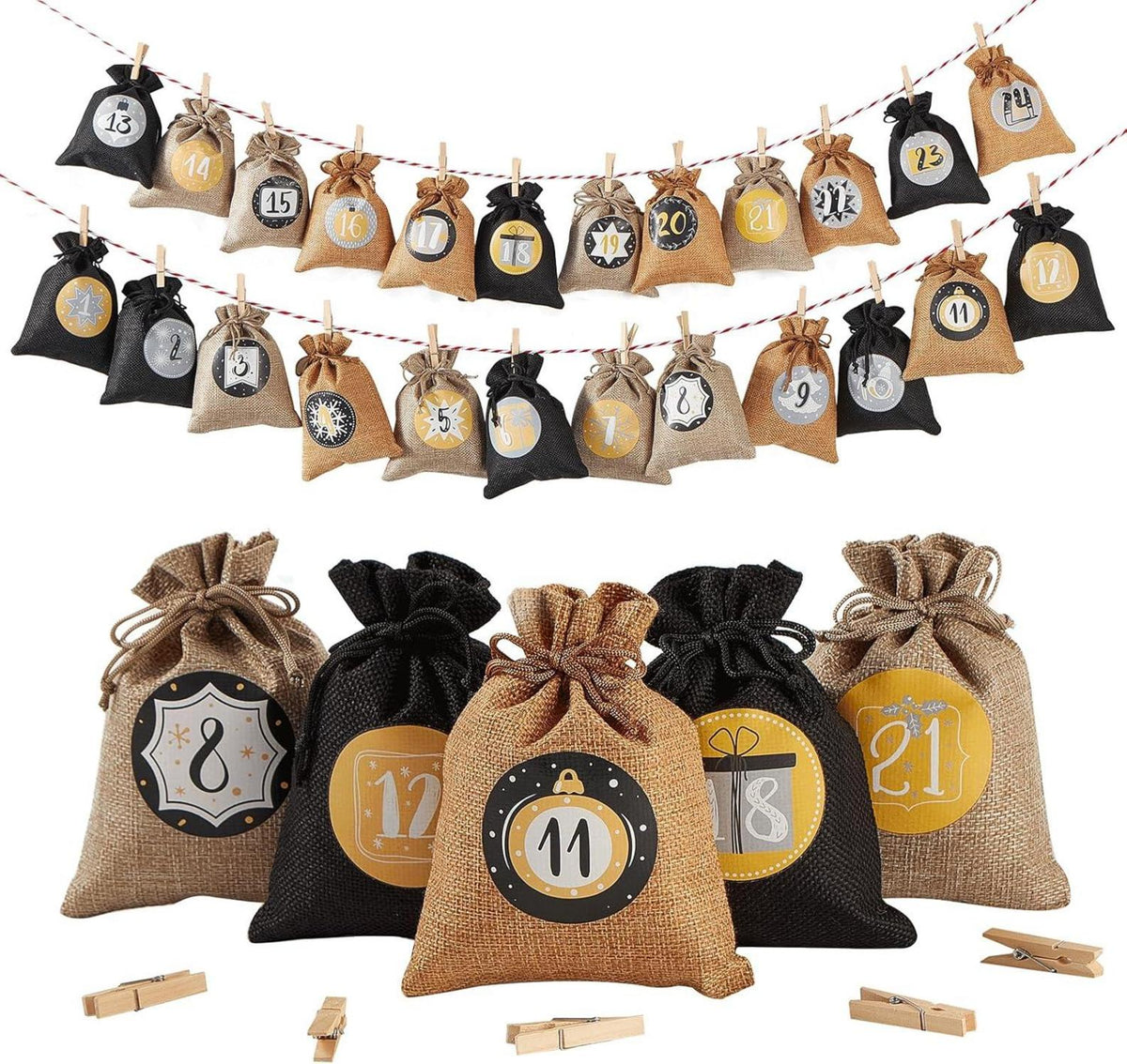 Adventskalender Jutesäckchen zum Befüllen 24 Stück Schwarz