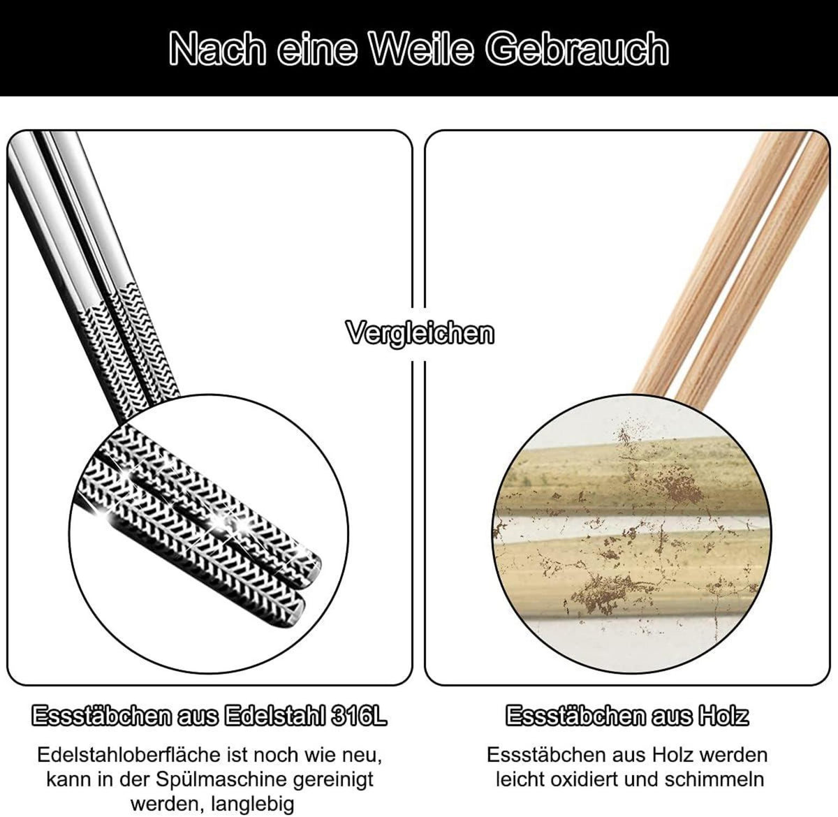 6 Paar Essstäbchen Edelstahl Japanisch wiederverwendbar Spülmaschinenfest Silber
