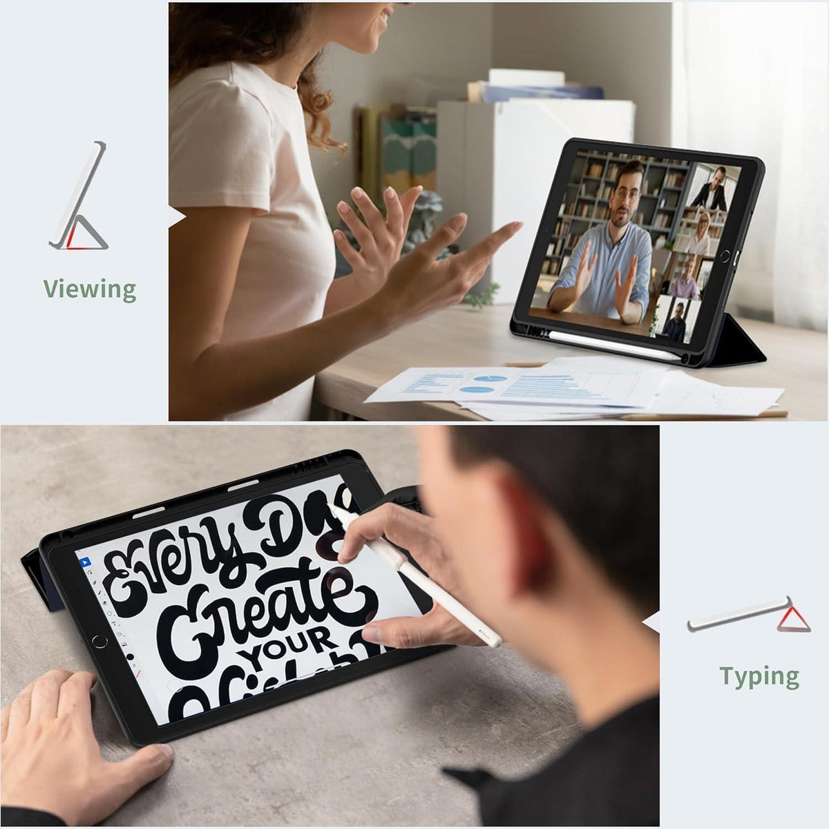 iPad 10.2 Zoll Hülle mit Stifthalter und Standfunktion, Schwarz