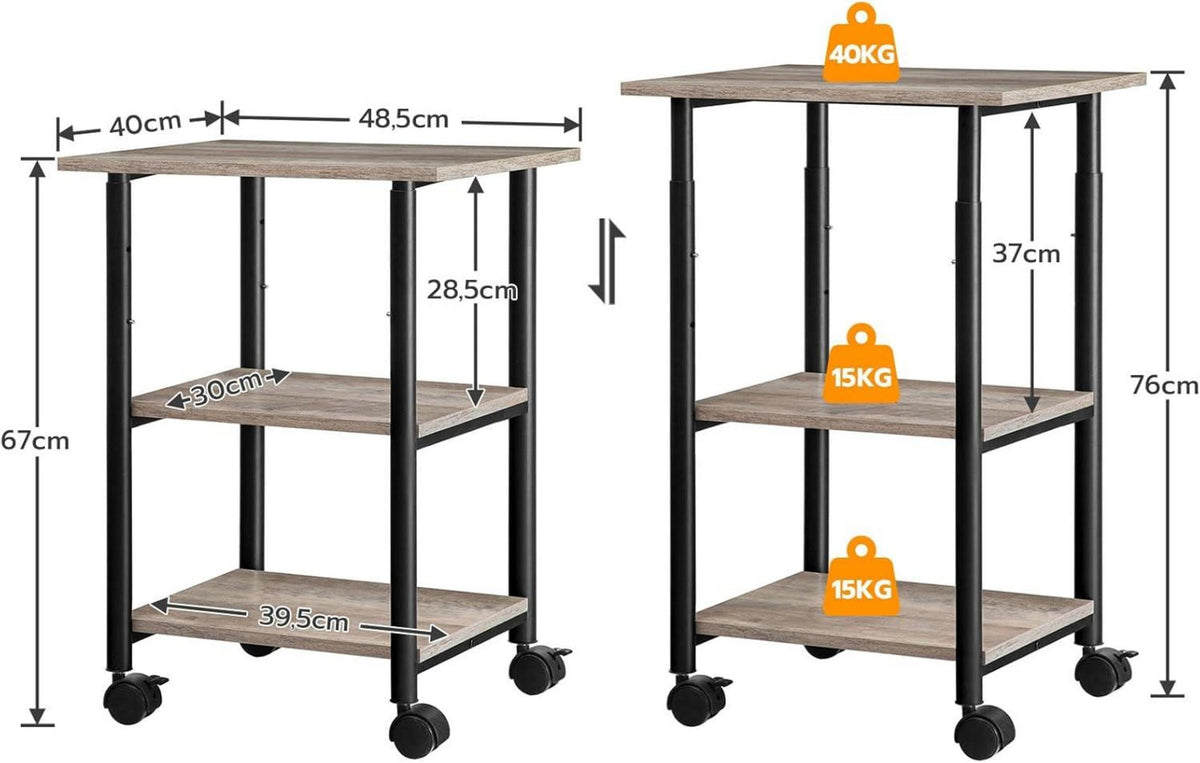 Druckertisch mit arretierbaren Rädern, rollbar 3 Ebenen